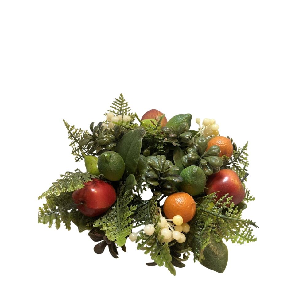 Vintage 60s Plastic Christmas Pillar Candle Ring Fruit Foliage 8" Kitsch Decor